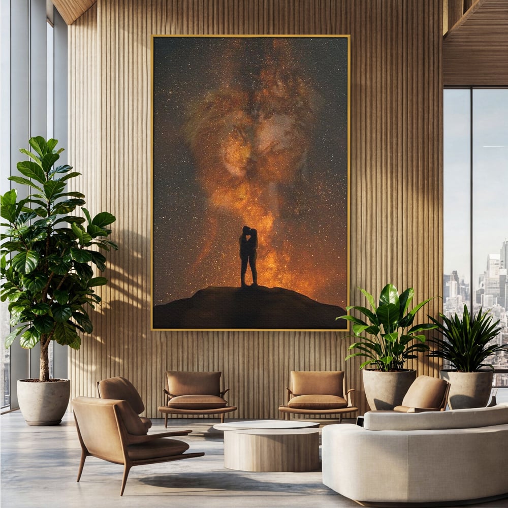 Tablou canvas cu tablou canvas cu siluete de indragostiti si constelatii, in rama de aluminiu auriu, pe perete intr-un birou